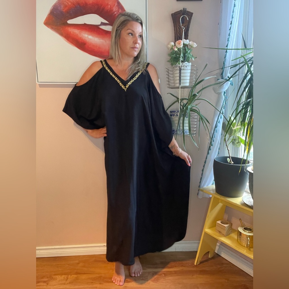Vintage Black Muumuu Maxi Dress with Shoulder Cut-outs & Gold Accents